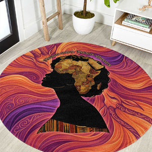 Léopold Sédar Senghor Round Carpet Femme Noire Silhouette with Africa Map Pattern Vibrant Swirl Background - African Pride