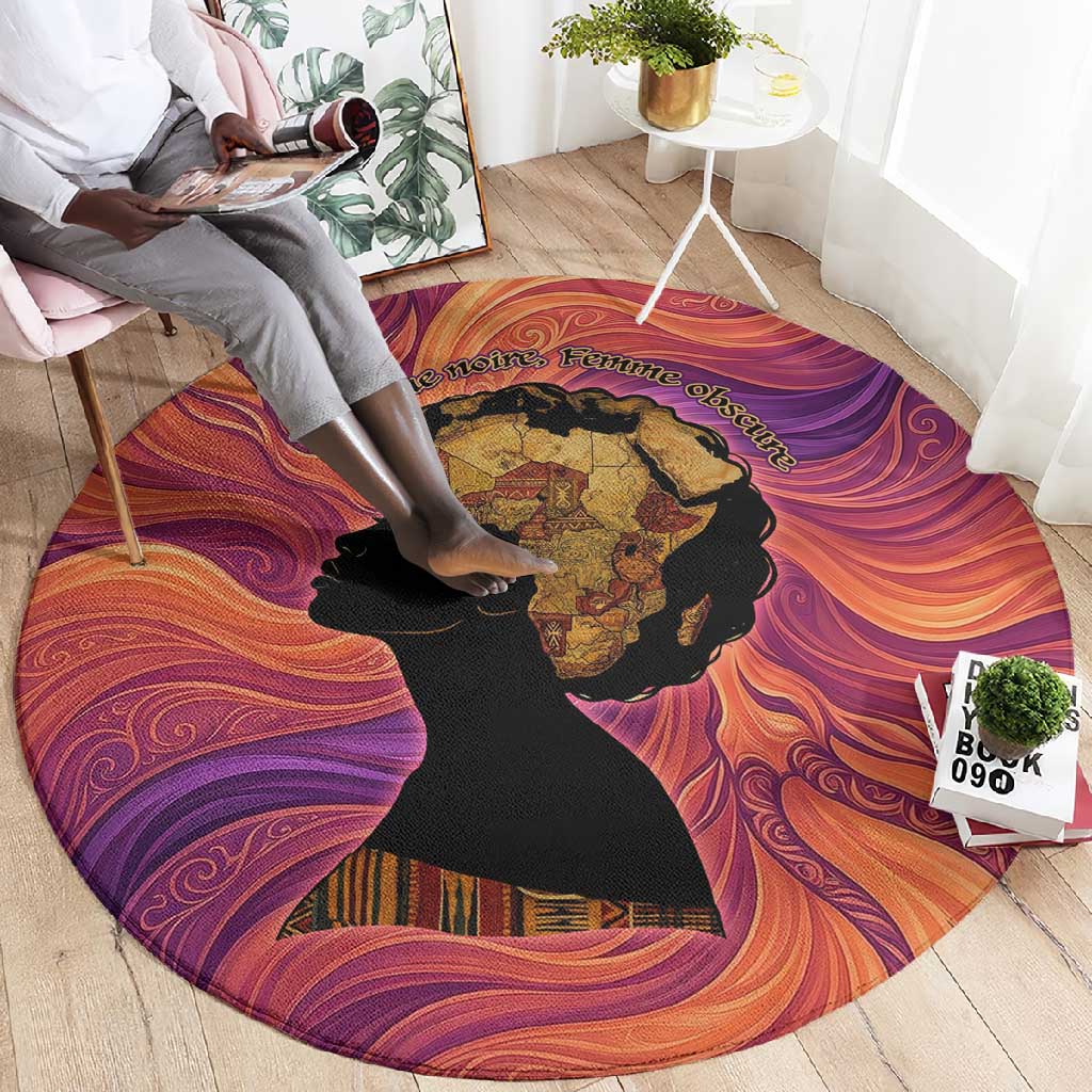 Léopold Sédar Senghor Round Carpet Femme Noire Silhouette with Africa Map Pattern Vibrant Swirl Background - African Pride
