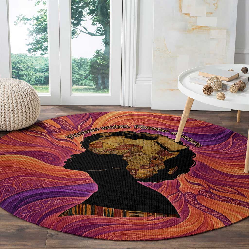 Léopold Sédar Senghor Round Carpet Femme Noire Silhouette with Africa Map Pattern Vibrant Swirl Background - African Pride