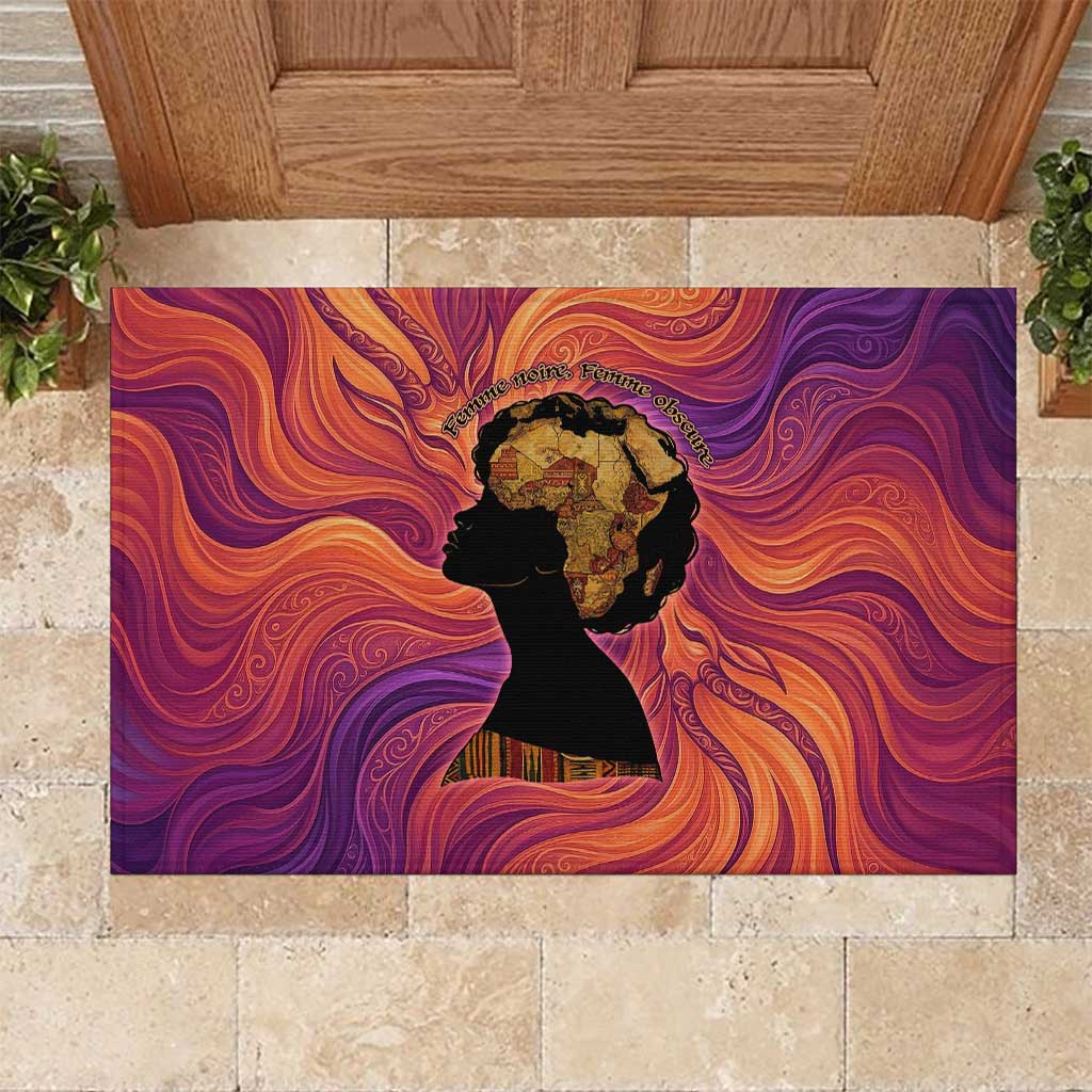Léopold Sédar Senghor Rubber Doormat Femme Noire Silhouette with Africa Map Pattern Vibrant Swirl Background - African Pride