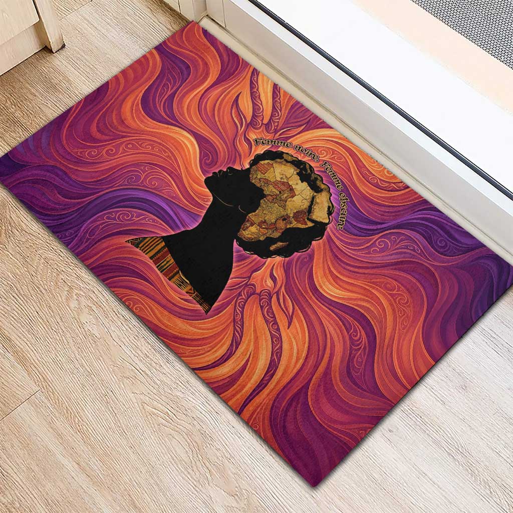 Léopold Sédar Senghor Rubber Doormat Femme Noire Silhouette with Africa Map Pattern Vibrant Swirl Background - African Pride