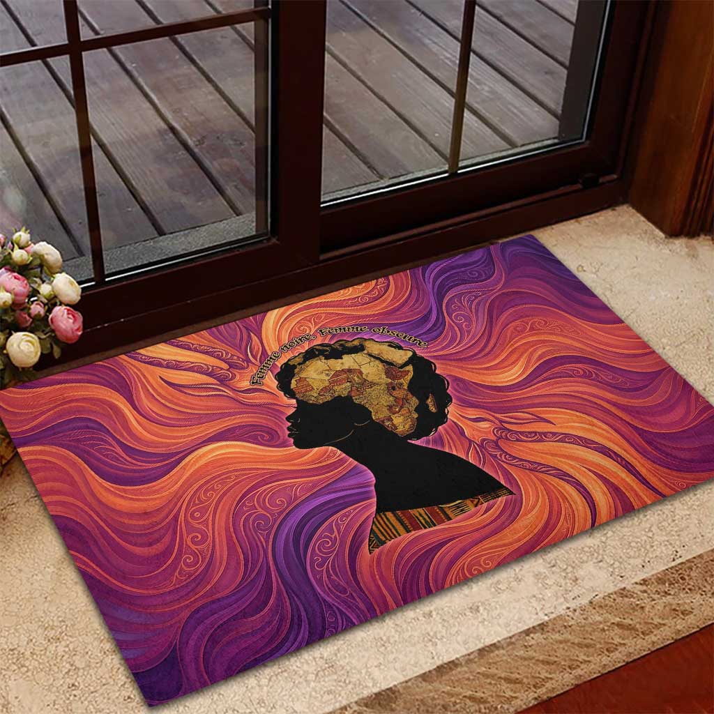 Léopold Sédar Senghor Rubber Doormat Femme Noire Silhouette with Africa Map Pattern Vibrant Swirl Background - African Pride