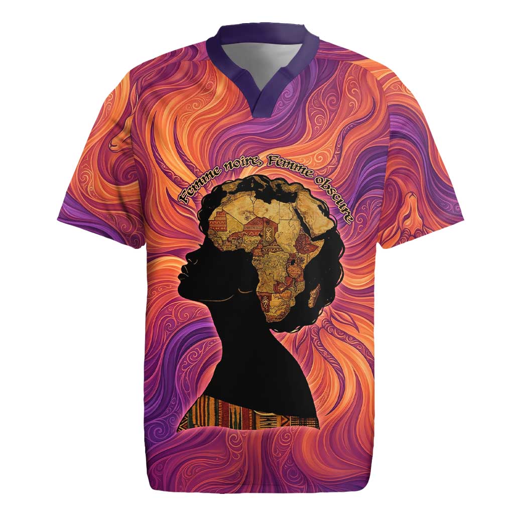 Léopold Sédar Senghor Rugby Jersey Femme Noire Silhouette with Africa Map Pattern Vibrant Swirl Background - African Pride