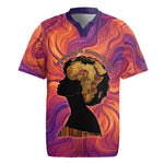 Léopold Sédar Senghor Rugby Jersey Femme Noire Silhouette with Africa Map Pattern Vibrant Swirl Background - African Pride