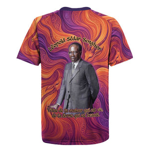 Léopold Sédar Senghor Rugby Jersey Femme Noire Silhouette with Africa Map Pattern Vibrant Swirl Background - African Pride