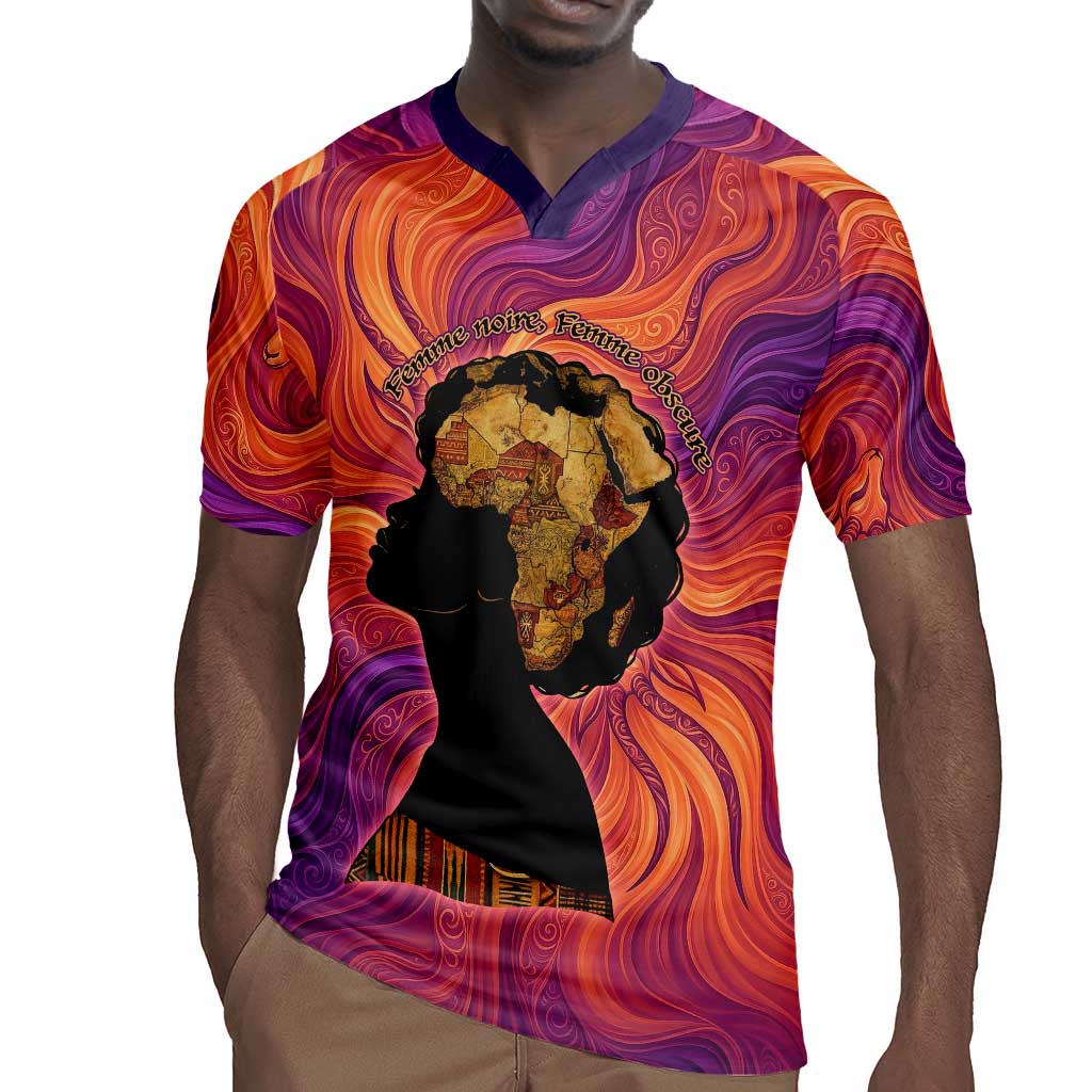 Léopold Sédar Senghor Rugby Jersey Femme Noire Silhouette with Africa Map Pattern Vibrant Swirl Background - African Pride