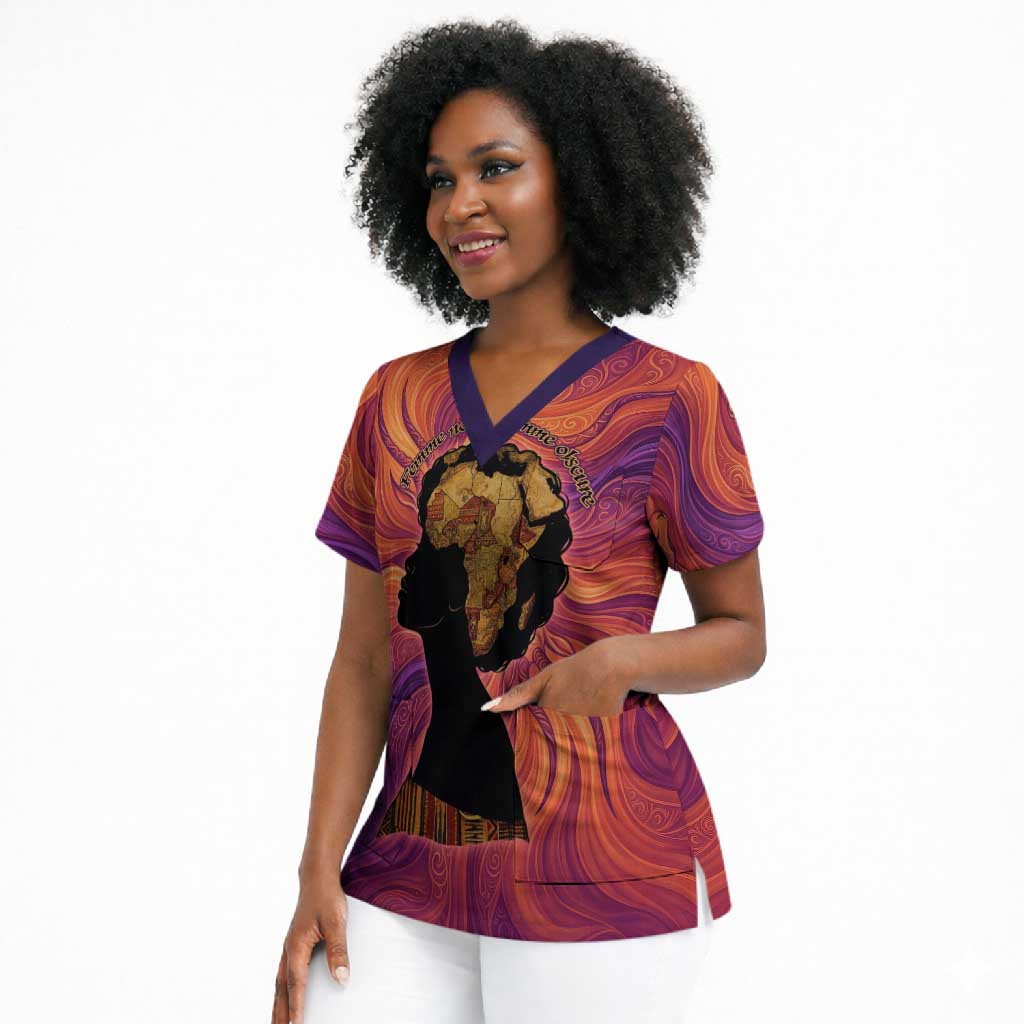Léopold Sédar Senghor Scrub Top Femme Noire Silhouette with Africa Map Pattern Vibrant Swirl Background - African Pride