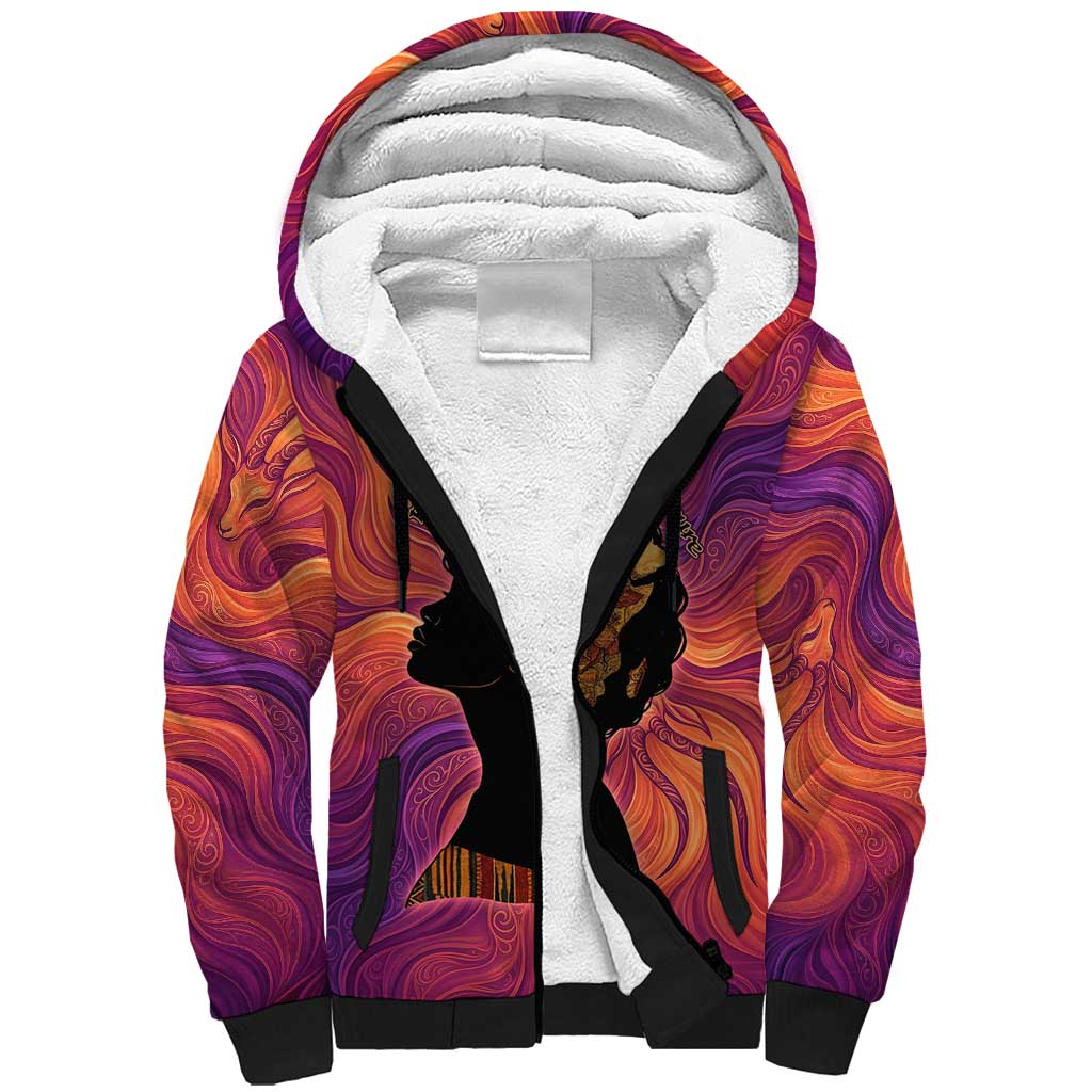 Léopold Sédar Senghor Sherpa Hoodie Femme Noire Silhouette with Africa Map Pattern Vibrant Swirl Background - African Pride