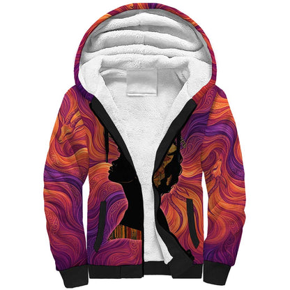 Léopold Sédar Senghor Sherpa Hoodie Femme Noire Silhouette with Africa Map Pattern Vibrant Swirl Background - African Pride