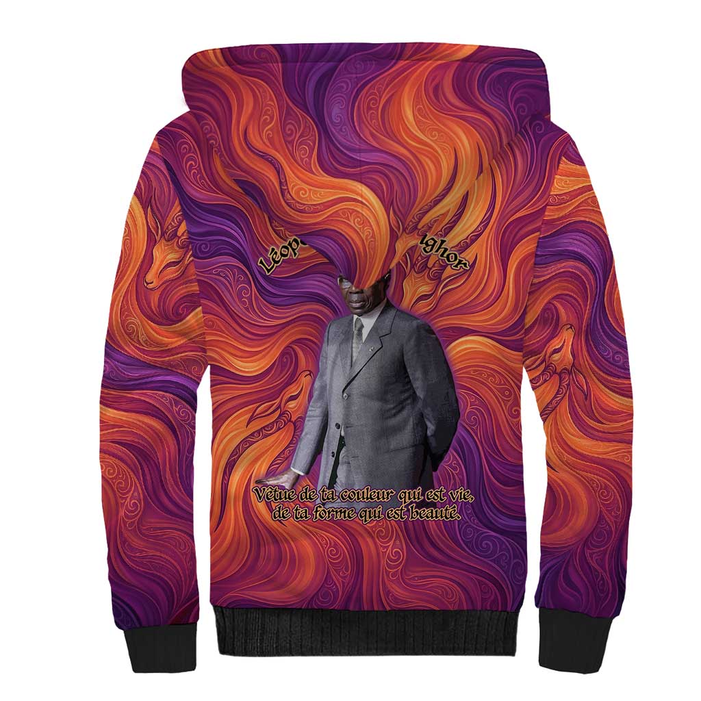 Léopold Sédar Senghor Sherpa Hoodie Femme Noire Silhouette with Africa Map Pattern Vibrant Swirl Background - African Pride