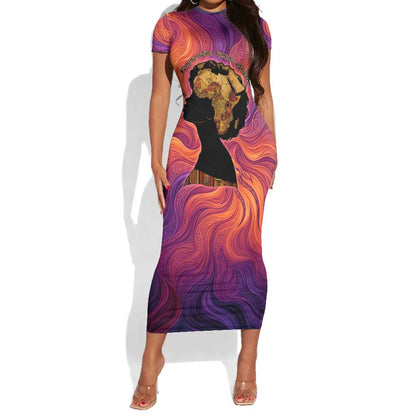 Léopold Sédar Senghor Short Sleeve Bodycon Dress Femme Noire Silhouette with Africa Map Pattern Vibrant Swirl Background - African Pride
