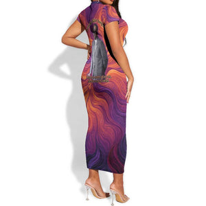 Léopold Sédar Senghor Short Sleeve Bodycon Dress Femme Noire Silhouette with Africa Map Pattern Vibrant Swirl Background - African Pride