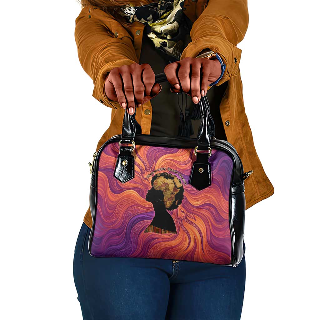 Léopold Sédar Senghor Shoulder Handbag Femme Noire Silhouette with Africa Map Pattern Vibrant Swirl Background - African Pride