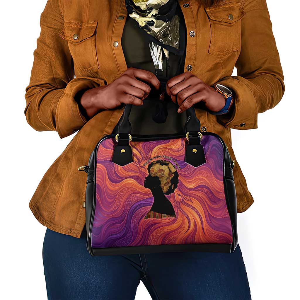 Léopold Sédar Senghor Shoulder Handbag Femme Noire Silhouette with Africa Map Pattern Vibrant Swirl Background - African Pride