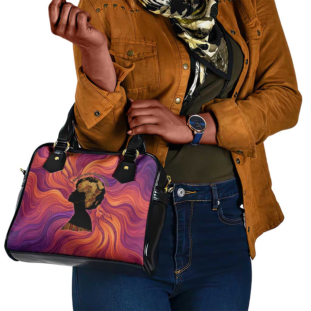 Léopold Sédar Senghor Shoulder Handbag Femme Noire Silhouette with Africa Map Pattern Vibrant Swirl Background - African Pride
