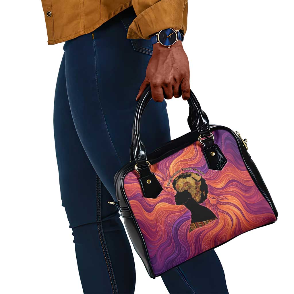 Léopold Sédar Senghor Shoulder Handbag Femme Noire Silhouette with Africa Map Pattern Vibrant Swirl Background - African Pride