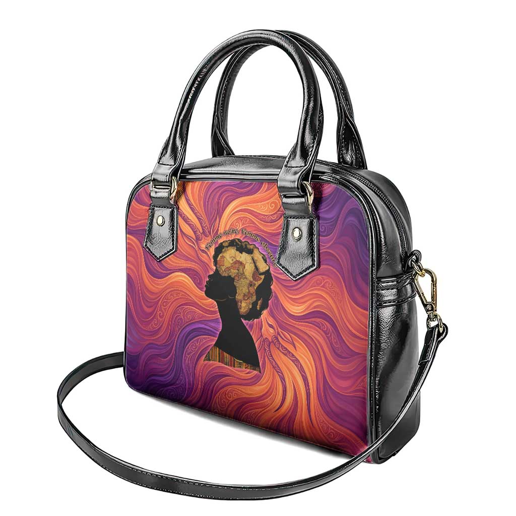 Léopold Sédar Senghor Shoulder Handbag Femme Noire Silhouette with Africa Map Pattern Vibrant Swirl Background - African Pride