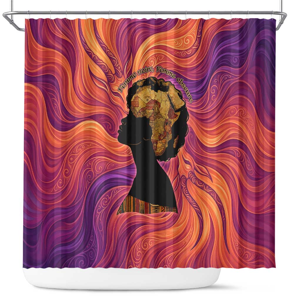 Léopold Sédar Senghor Shower Curtain Femme Noire Silhouette with Africa Map Pattern Vibrant Swirl Background - African Pride