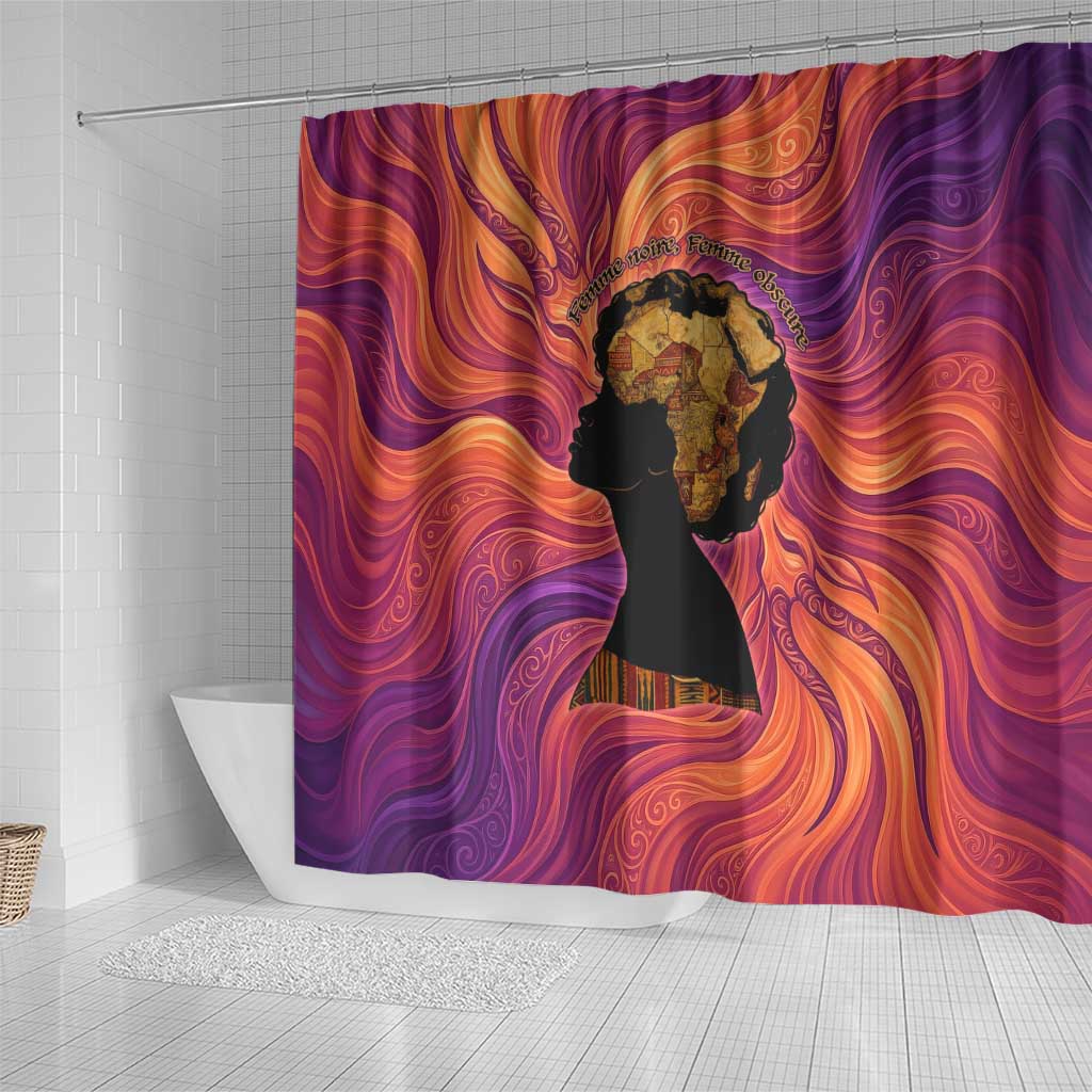 Léopold Sédar Senghor Shower Curtain Femme Noire Silhouette with Africa Map Pattern Vibrant Swirl Background - African Pride