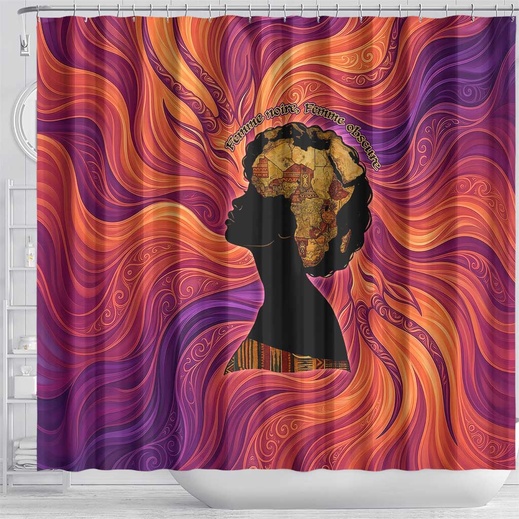 Léopold Sédar Senghor Shower Curtain Femme Noire Silhouette with Africa Map Pattern Vibrant Swirl Background - African Pride