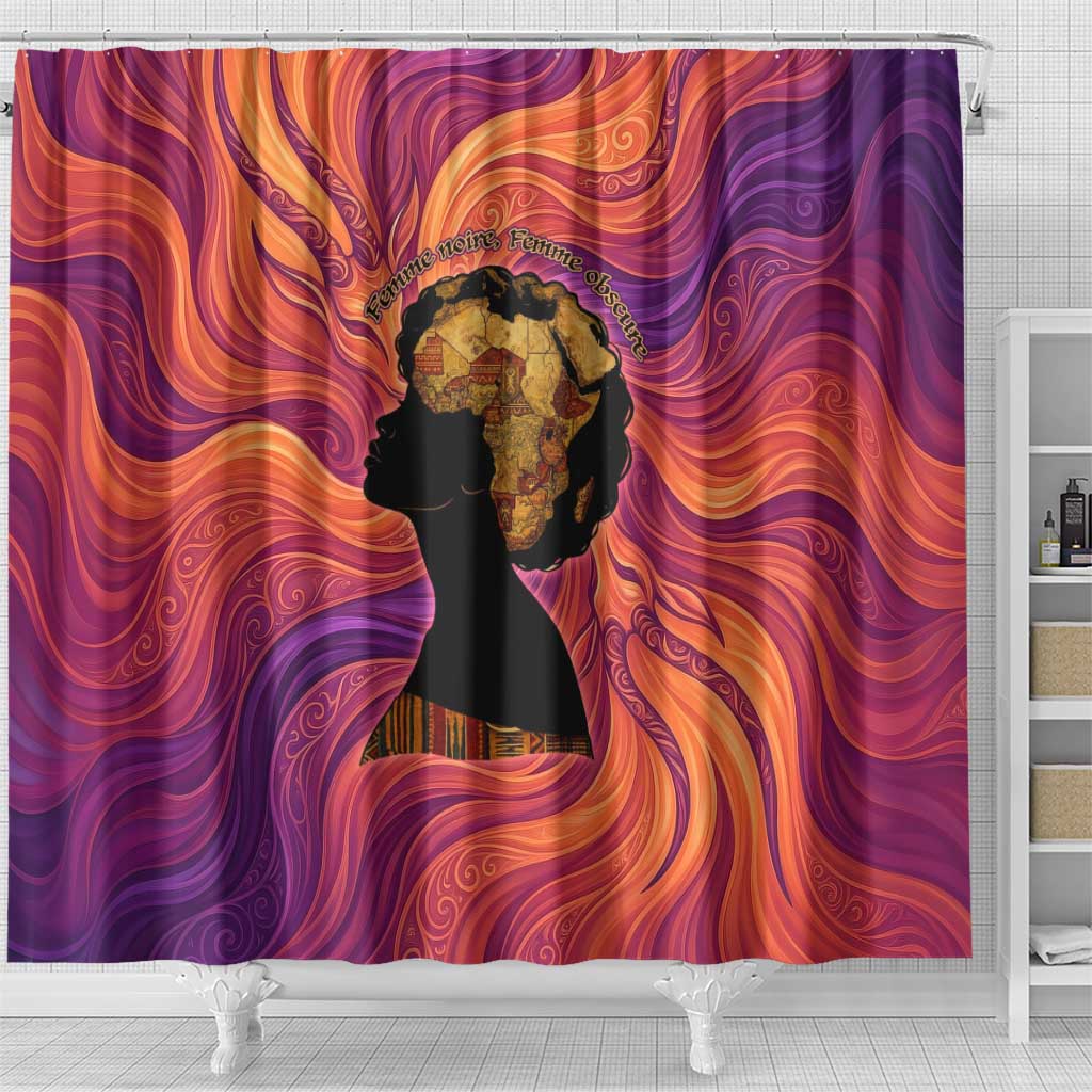 Léopold Sédar Senghor Shower Curtain Femme Noire Silhouette with Africa Map Pattern Vibrant Swirl Background - African Pride