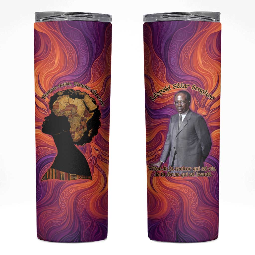 Léopold Sédar Senghor Skinny Tumbler Femme Noire Silhouette with Africa Map Pattern Vibrant Swirl Background - African Pride