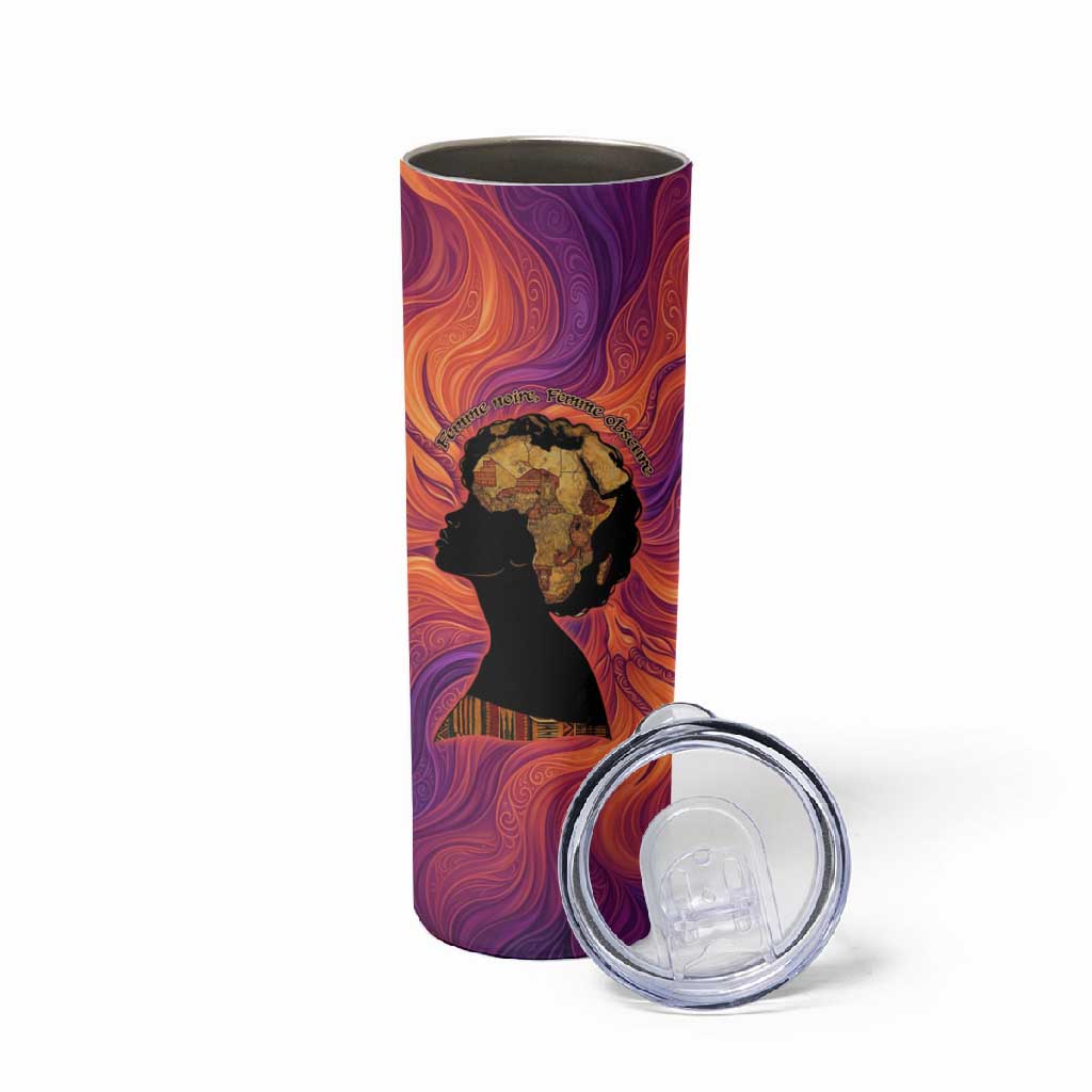 Léopold Sédar Senghor Skinny Tumbler Femme Noire Silhouette with Africa Map Pattern Vibrant Swirl Background - African Pride