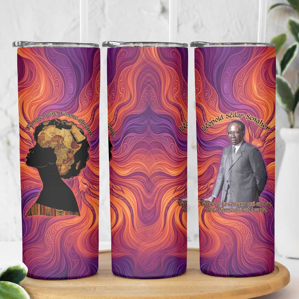 Léopold Sédar Senghor Skinny Tumbler Femme Noire Silhouette with Africa Map Pattern Vibrant Swirl Background - African Pride