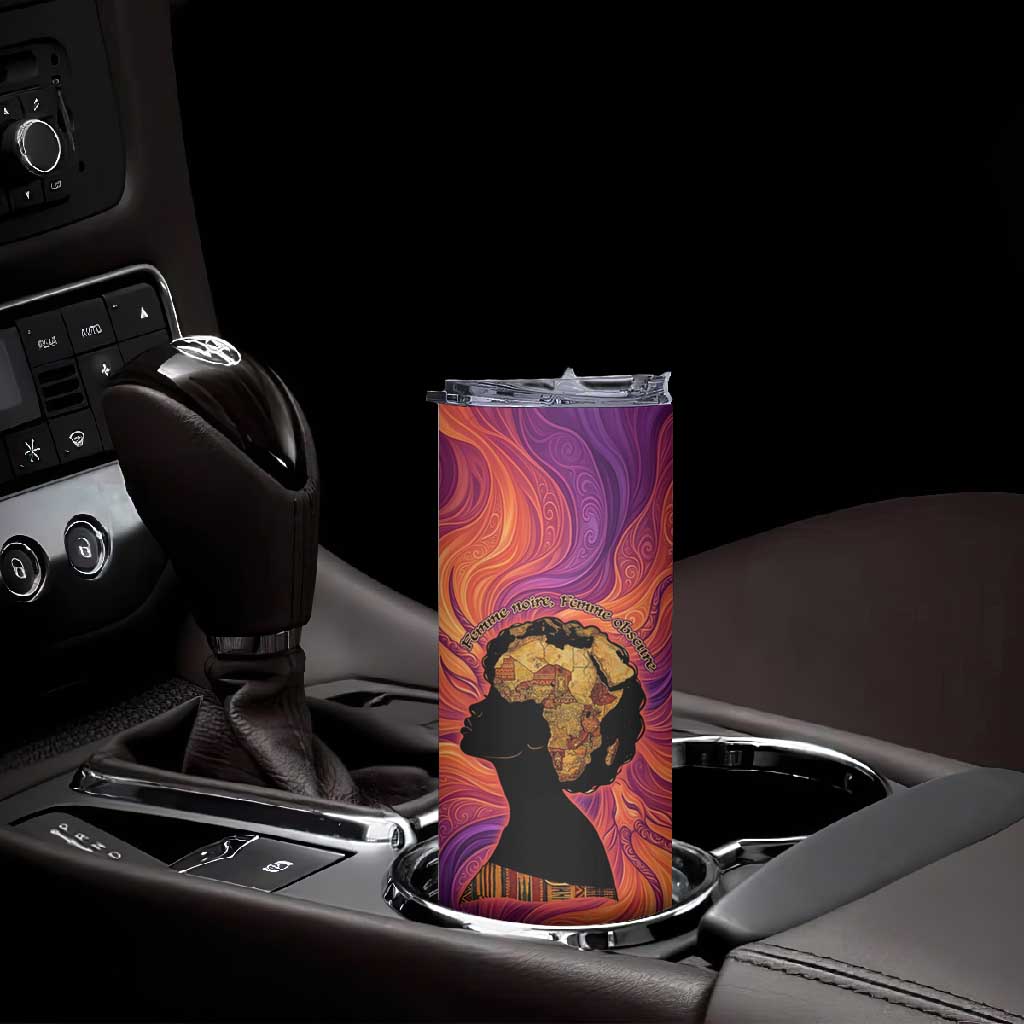 Léopold Sédar Senghor Skinny Tumbler Femme Noire Silhouette with Africa Map Pattern Vibrant Swirl Background - African Pride
