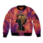 Léopold Sédar Senghor Sleeve Zip Bomber Jacket Femme Noire Silhouette with Africa Map Pattern Vibrant Swirl Background - African Pride
