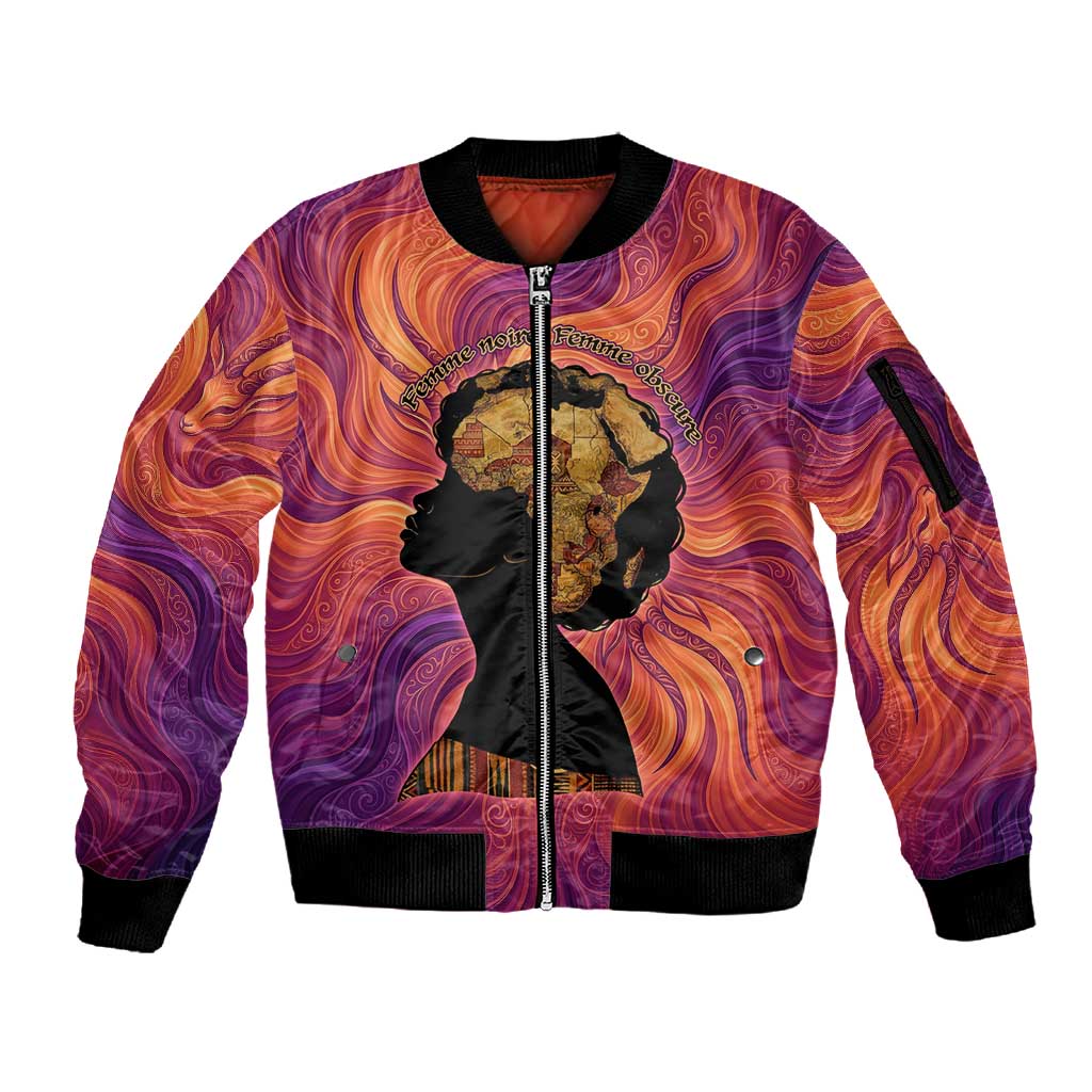 Léopold Sédar Senghor Sleeve Zip Bomber Jacket Femme Noire Silhouette with Africa Map Pattern Vibrant Swirl Background - African Pride