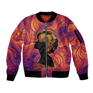 Léopold Sédar Senghor Sleeve Zip Bomber Jacket Femme Noire Silhouette with Africa Map Pattern Vibrant Swirl Background - African Pride