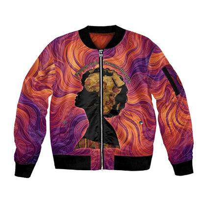 Léopold Sédar Senghor Sleeve Zip Bomber Jacket Femme Noire Silhouette with Africa Map Pattern Vibrant Swirl Background - African Pride