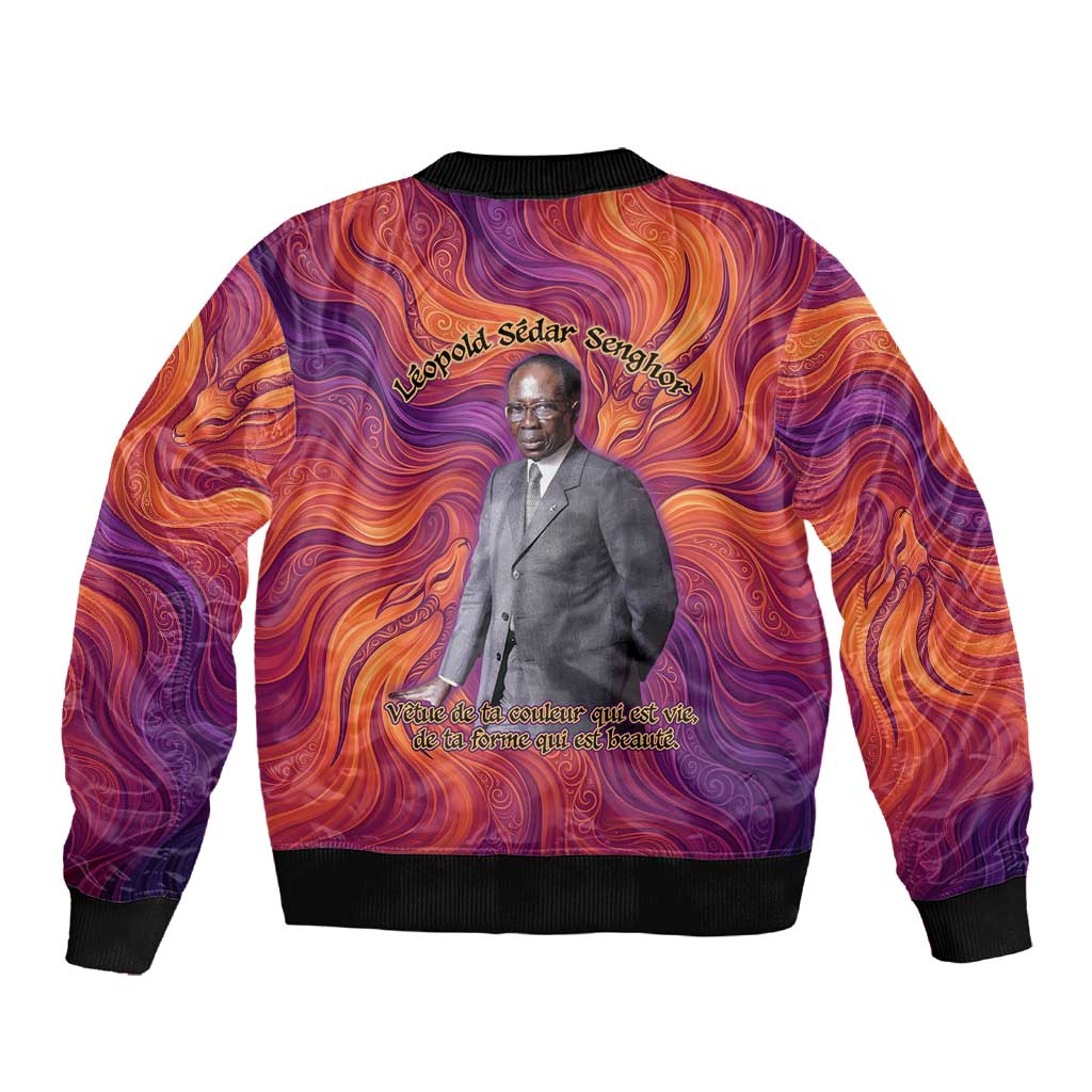 Léopold Sédar Senghor Sleeve Zip Bomber Jacket Femme Noire Silhouette with Africa Map Pattern Vibrant Swirl Background - African Pride