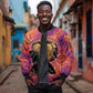 Léopold Sédar Senghor Sleeve Zip Bomber Jacket Femme Noire Silhouette with Africa Map Pattern Vibrant Swirl Background - African Pride