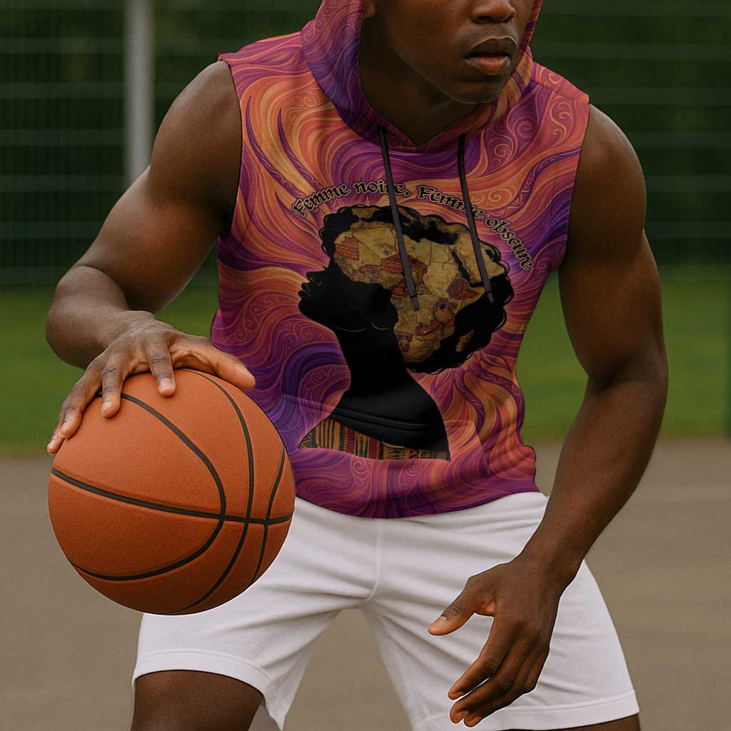 Léopold Sédar Senghor Sleeveless Hoodie Femme Noire Silhouette with Africa Map Pattern Vibrant Swirl Background - African Pride