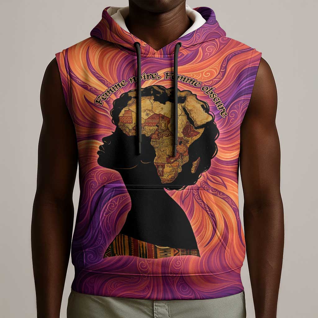 Léopold Sédar Senghor Sleeveless Hoodie Femme Noire Silhouette with Africa Map Pattern Vibrant Swirl Background - African Pride