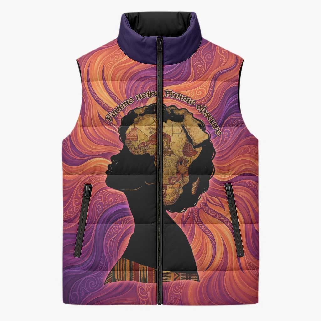 Léopold Sédar Senghor Sleeveless Puffer Jacket Femme Noire Silhouette with Africa Map Pattern Vibrant Swirl Background - African Pride