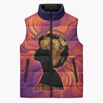Léopold Sédar Senghor Sleeveless Puffer Jacket Femme Noire Silhouette with Africa Map Pattern Vibrant Swirl Background - African Pride