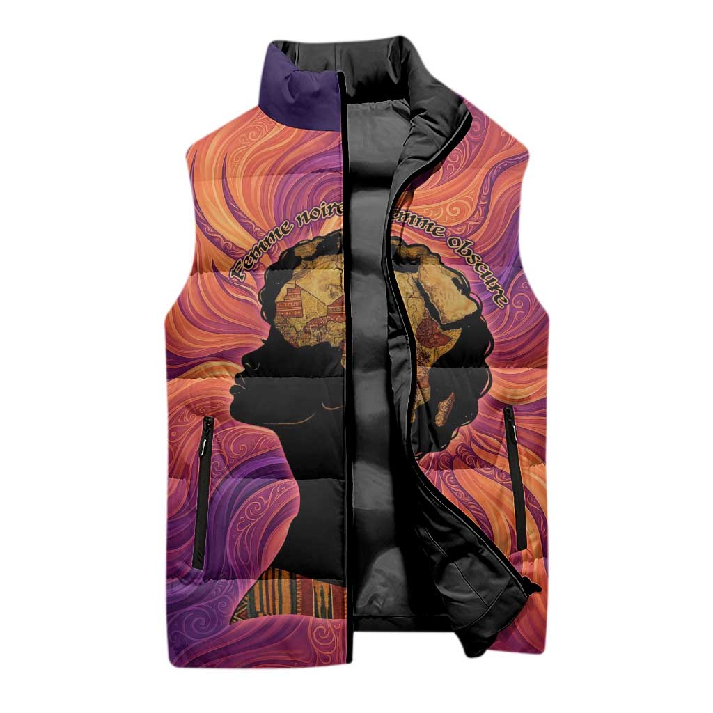 Léopold Sédar Senghor Sleeveless Puffer Jacket Femme Noire Silhouette with Africa Map Pattern Vibrant Swirl Background - African Pride