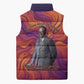 Léopold Sédar Senghor Sleeveless Puffer Jacket Femme Noire Silhouette with Africa Map Pattern Vibrant Swirl Background - African Pride