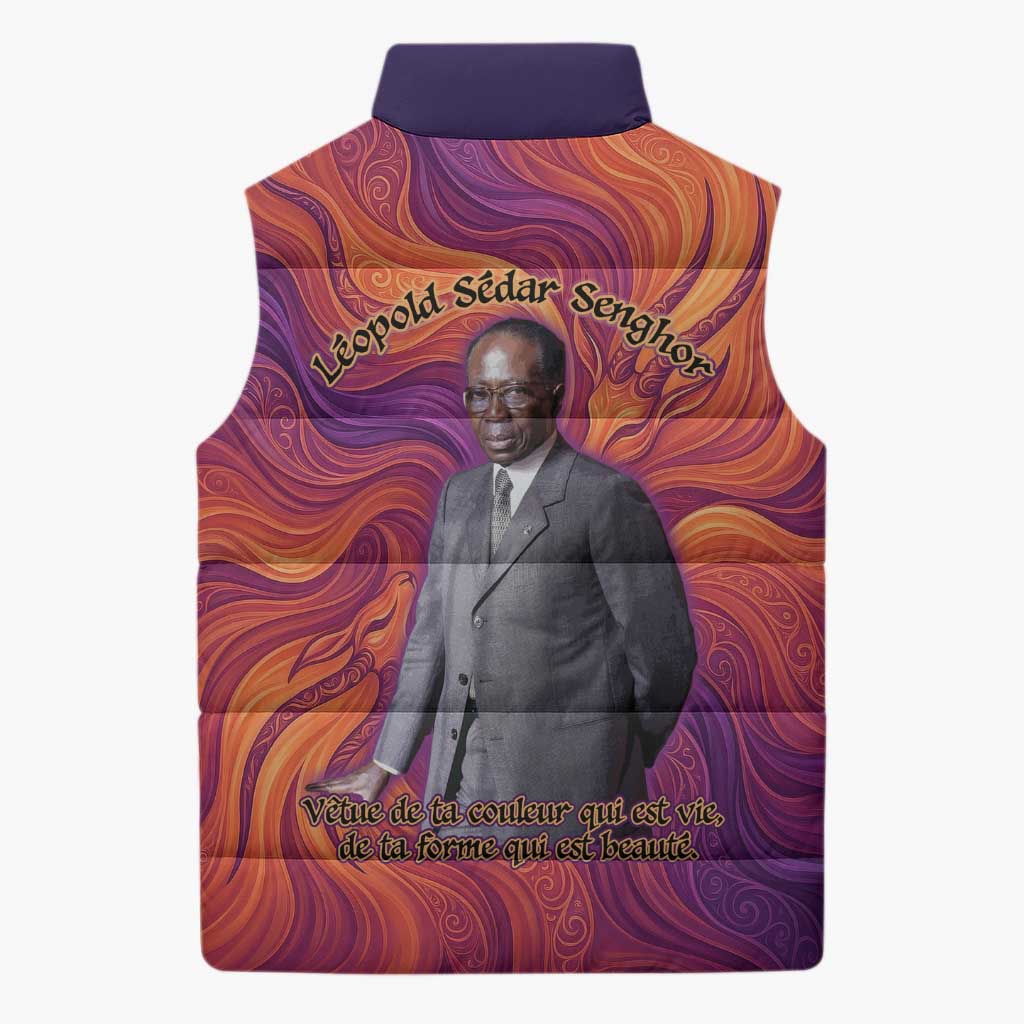 Léopold Sédar Senghor Sleeveless Puffer Jacket Femme Noire Silhouette with Africa Map Pattern Vibrant Swirl Background - African Pride