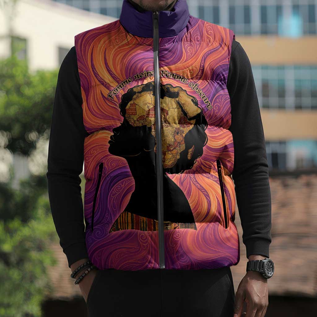 Léopold Sédar Senghor Sleeveless Puffer Jacket Femme Noire Silhouette with Africa Map Pattern Vibrant Swirl Background - African Pride