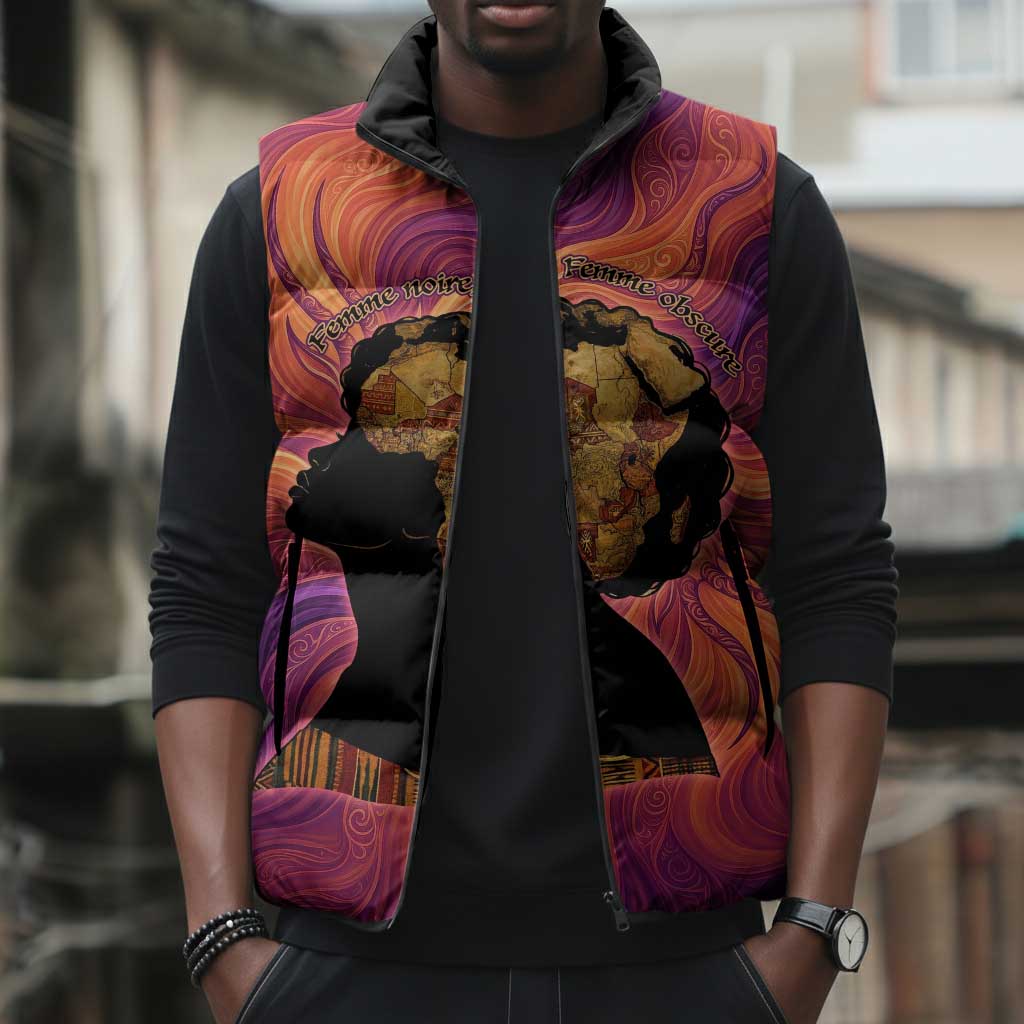 Léopold Sédar Senghor Sleeveless Puffer Jacket Femme Noire Silhouette with Africa Map Pattern Vibrant Swirl Background - African Pride