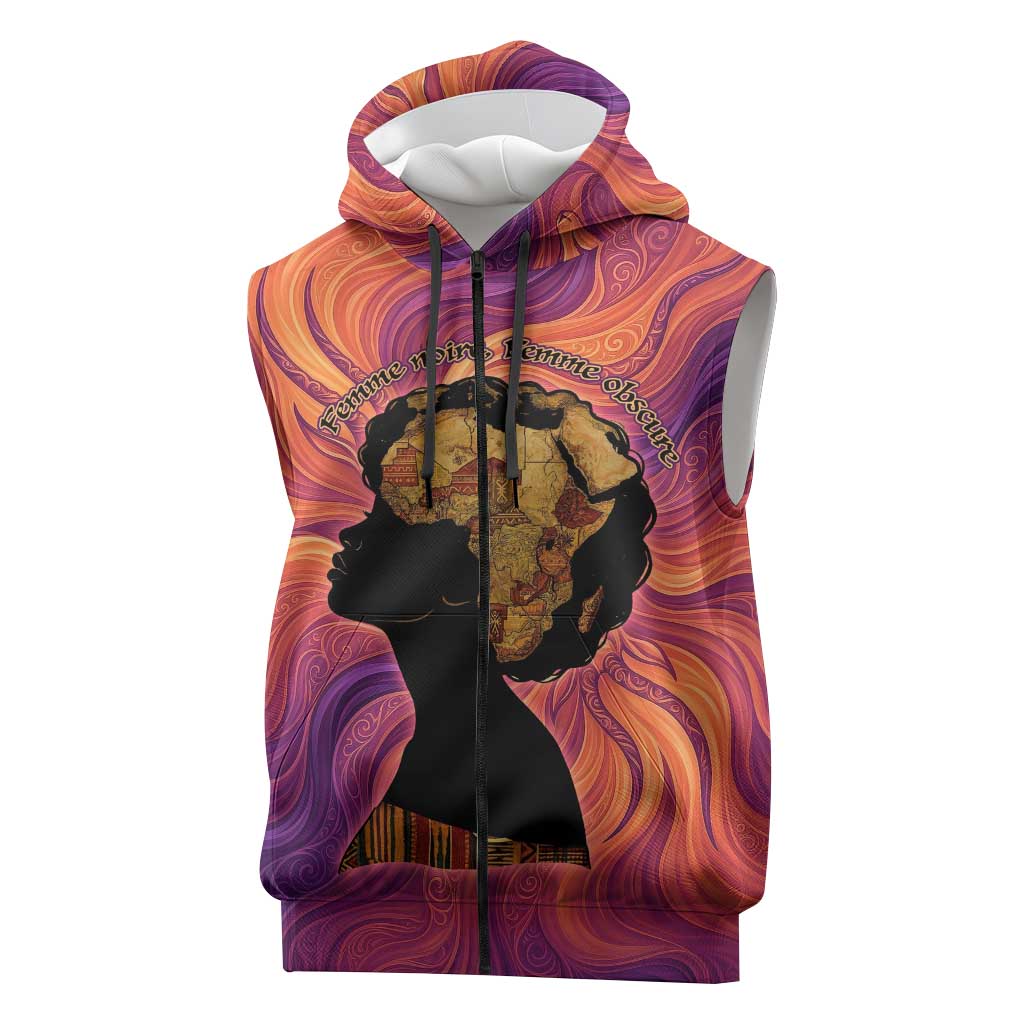 Léopold Sédar Senghor Sleeveless Zip Hoodie Femme Noire Silhouette with Africa Map Pattern Vibrant Swirl Background - African Pride