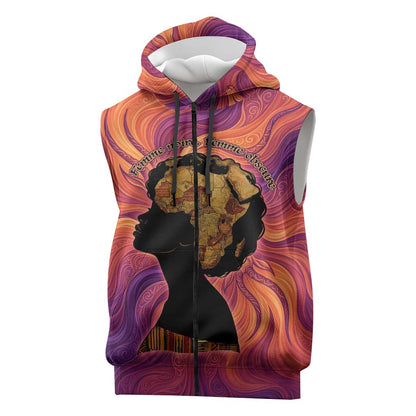 Léopold Sédar Senghor Sleeveless Zip Hoodie Femme Noire Silhouette with Africa Map Pattern Vibrant Swirl Background - African Pride