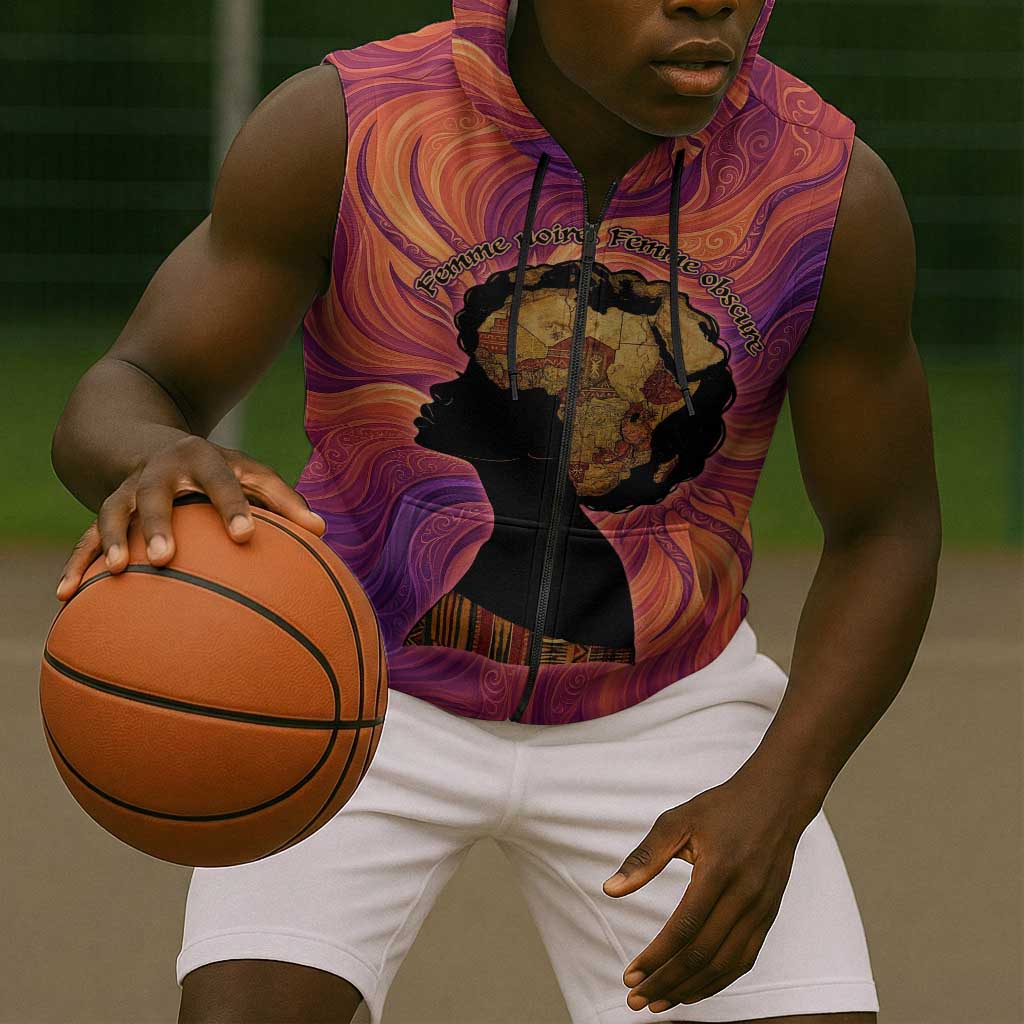 Léopold Sédar Senghor Sleeveless Zip Hoodie Femme Noire Silhouette with Africa Map Pattern Vibrant Swirl Background - African Pride