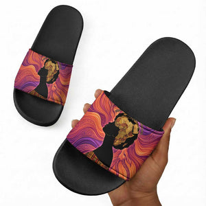 Léopold Sédar Senghor Slide Sandals Femme Noire Silhouette with Africa Map Pattern Vibrant Swirl Background - African Pride