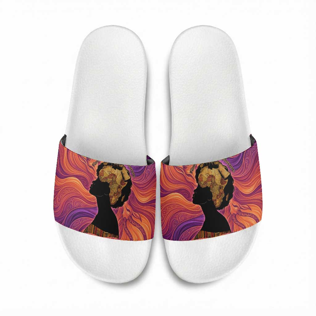 Léopold Sédar Senghor Slide Sandals Femme Noire Silhouette with Africa Map Pattern Vibrant Swirl Background - African Pride