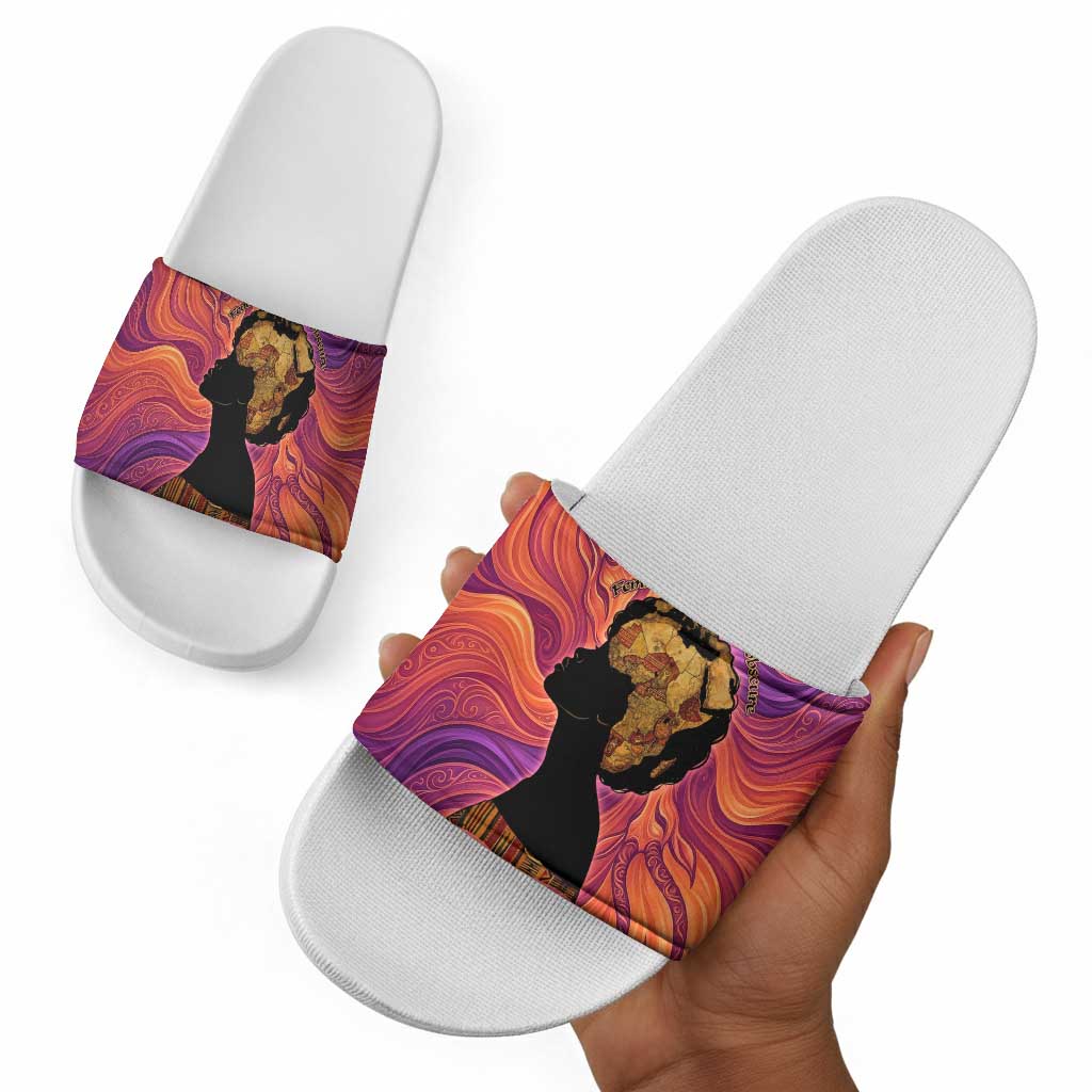 Léopold Sédar Senghor Slide Sandals Femme Noire Silhouette with Africa Map Pattern Vibrant Swirl Background - African Pride